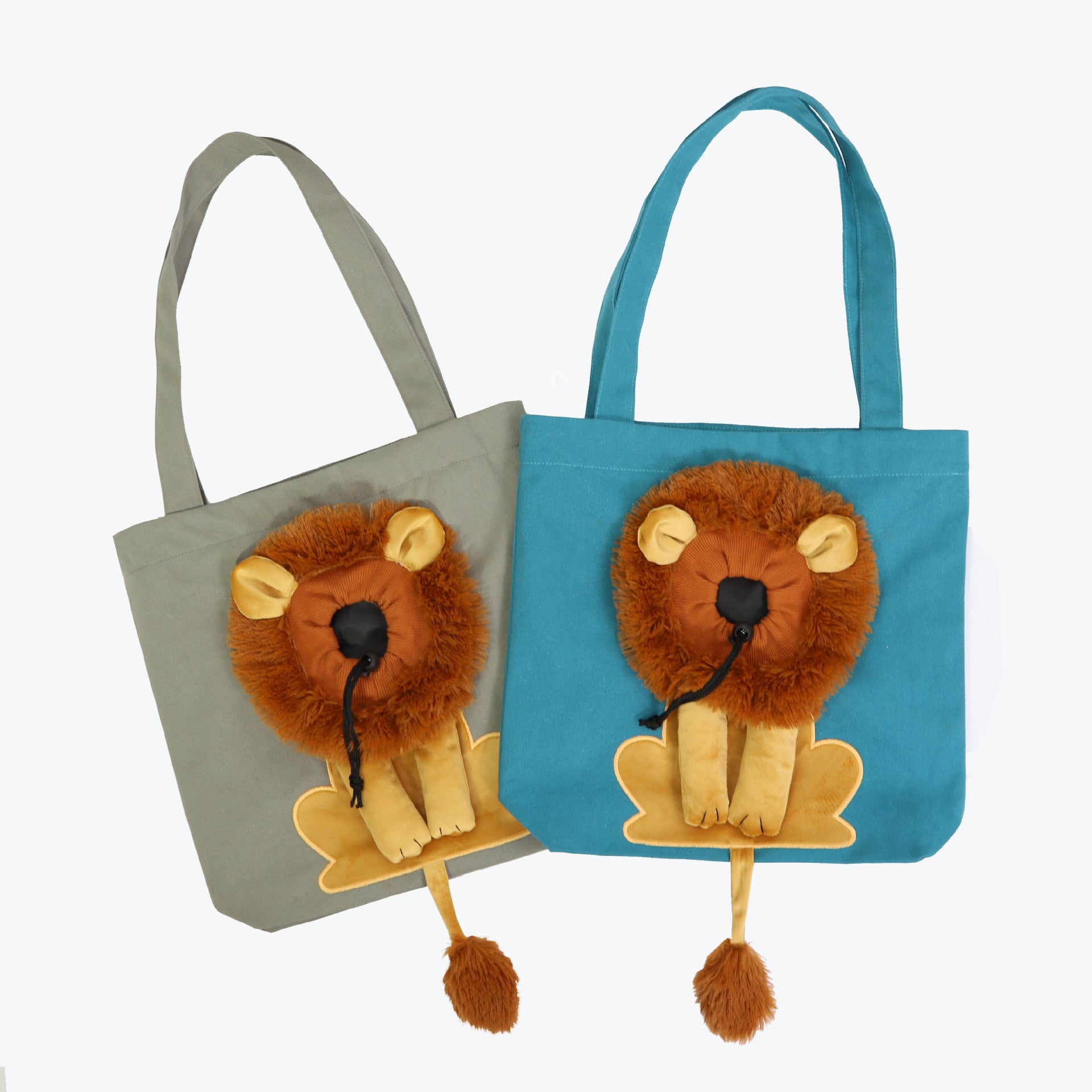 Pet carrier tote bags with lion face plush: dark grey and lagoon blue options