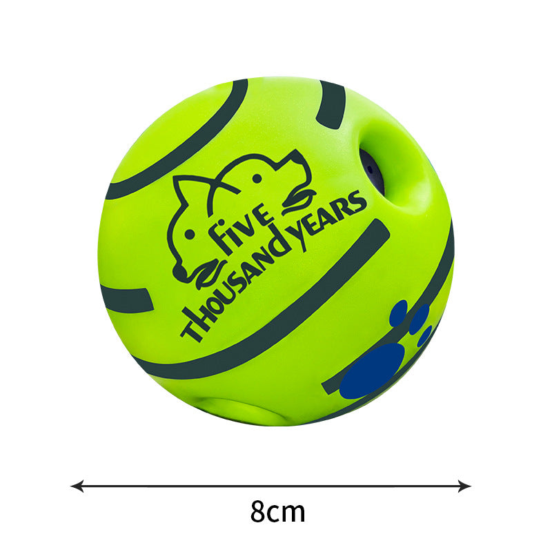 8cm neon green dog ball with “Five And Years” graphic and blue spots
