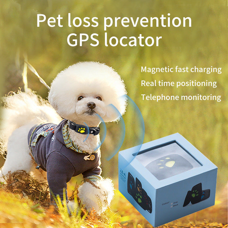 Waterproof GPS pet tracker collar with paw icon, on a dark gray strap