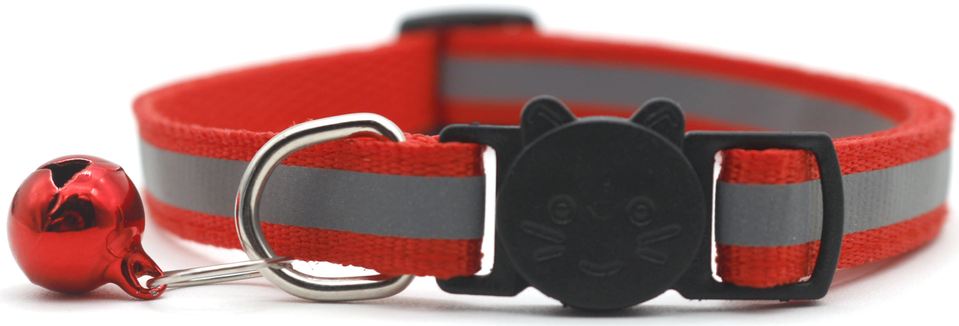 Red reflective pet collar with safety buckle and attached bell