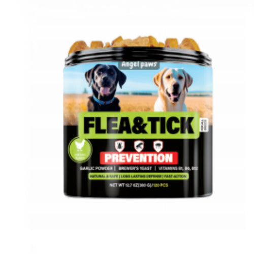 Flea & Tick Prevention dog supplement tub with black label and blue lid