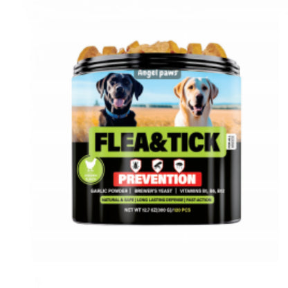 Flea & Tick Prevention dog supplement tub with black label and blue lid