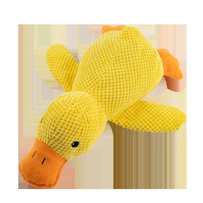 Yellow plush duck squeaky toy with orange feet and stitched eye