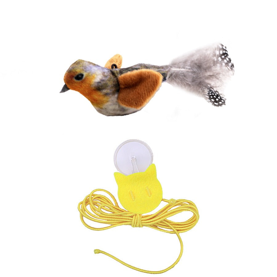 Plüsch-Vogel mit Schnur, graubrauner Körper, schwarz gepunkteter Feder-Schwanz und Katzenminze