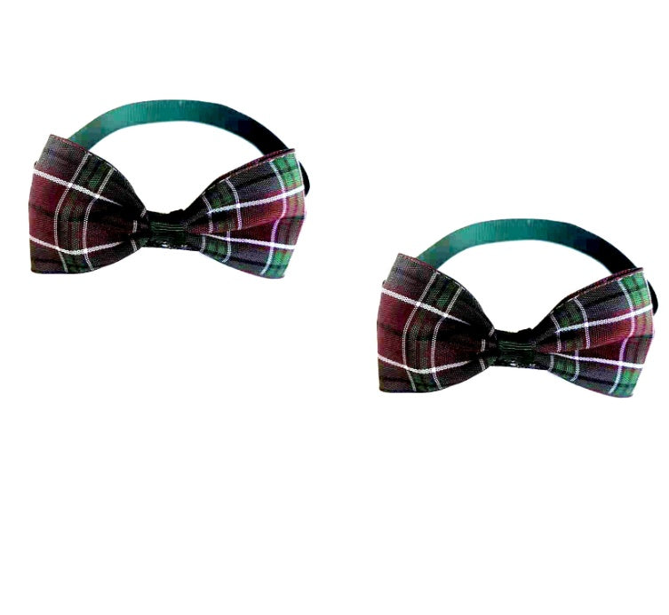 Plaid bow pet scarf accessory pair bow design with dark green plaid check pattern