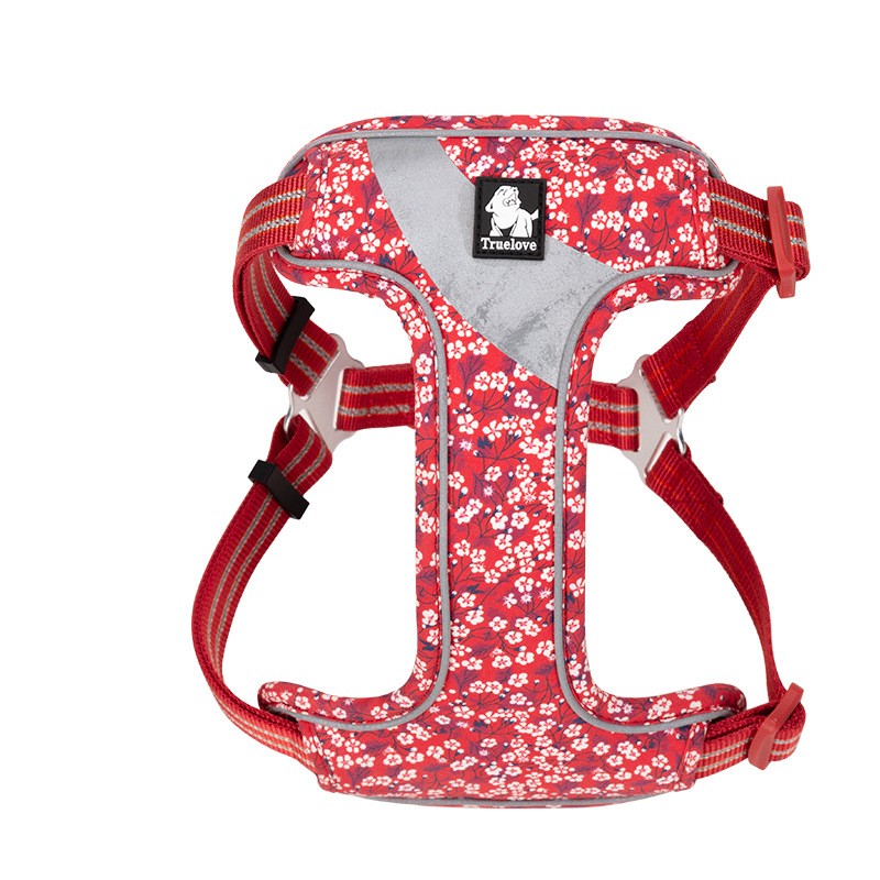 Red floral dog chest harness, gray panel, two side straps and front D-ring