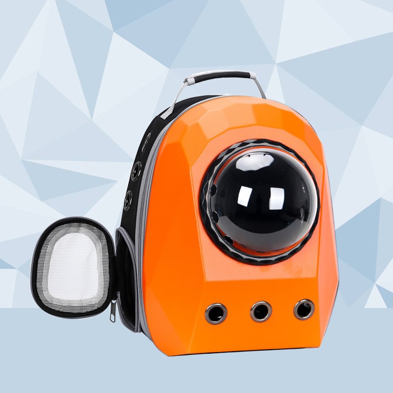 Orange Transport-Rucksack mit durchsichtiger Kugelöffnung, seitlicher Netztasche und Öffnungen