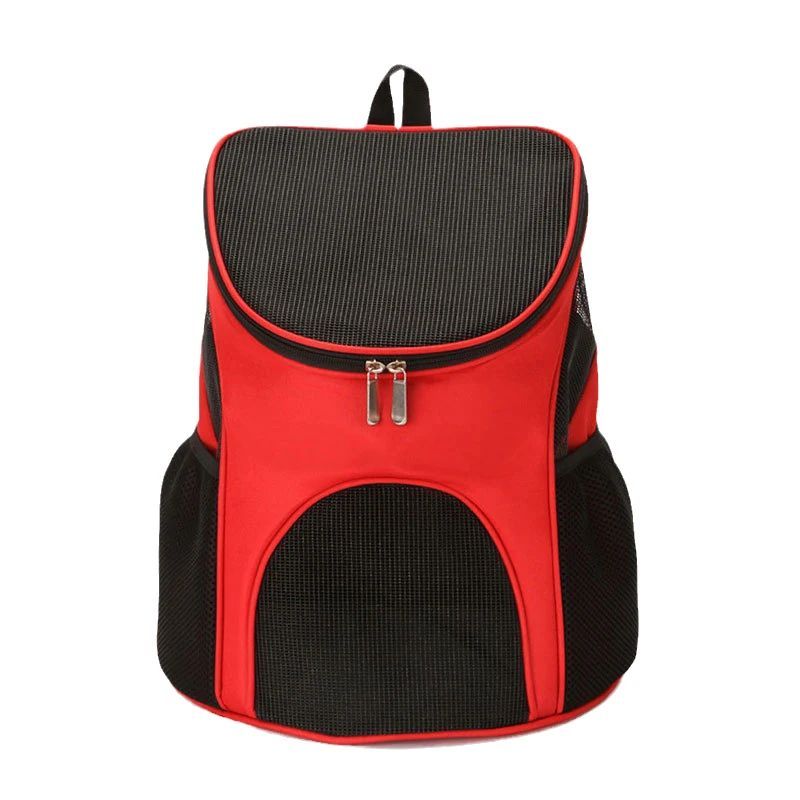 Red dog backpack carrier with front mesh opening, top zipper and padded side panels