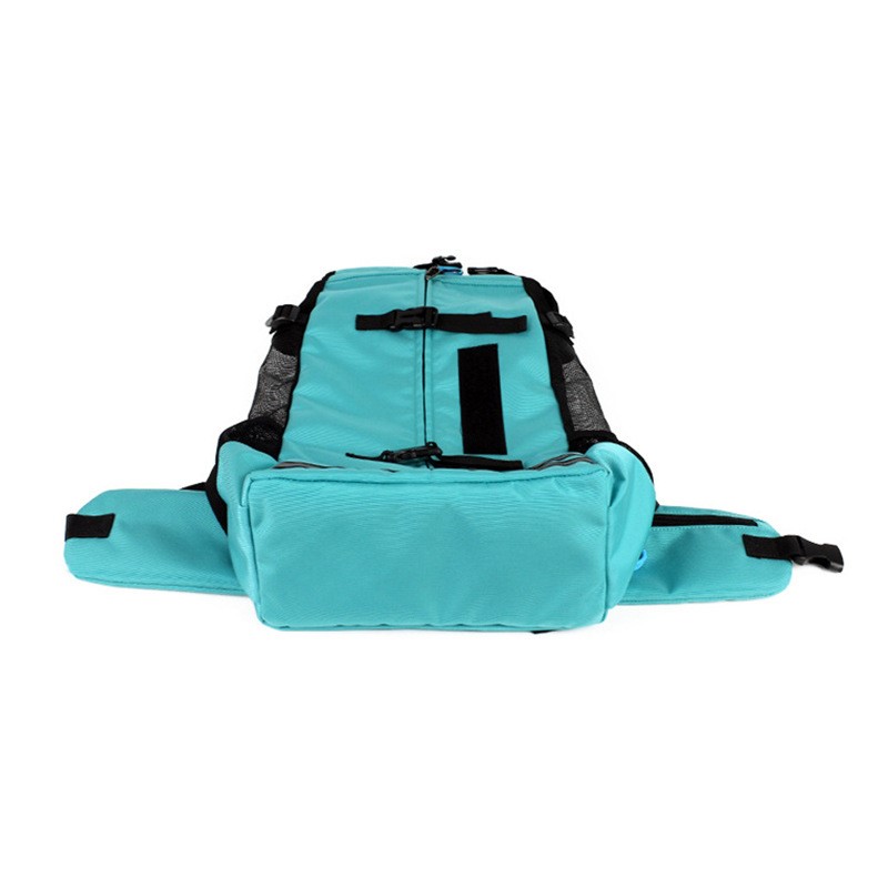 Pet Backpack Breathable Carrier Bag, teal front view with wide chest band and handle