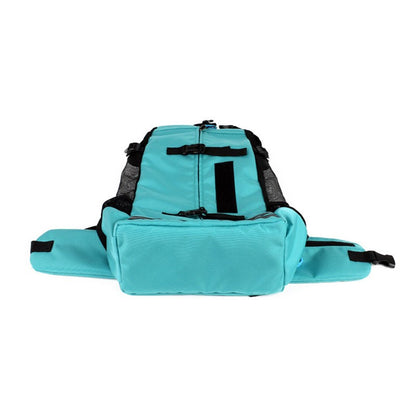 Pet Backpack Breathable Carrier Bag, teal front view with wide chest band and handle