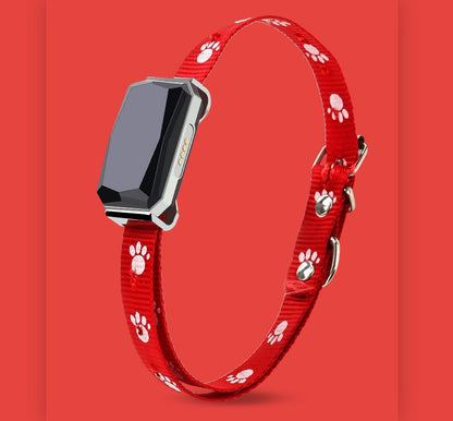 Beidou GPS pet positioning collar, red strap with paw prints and grey tracker device