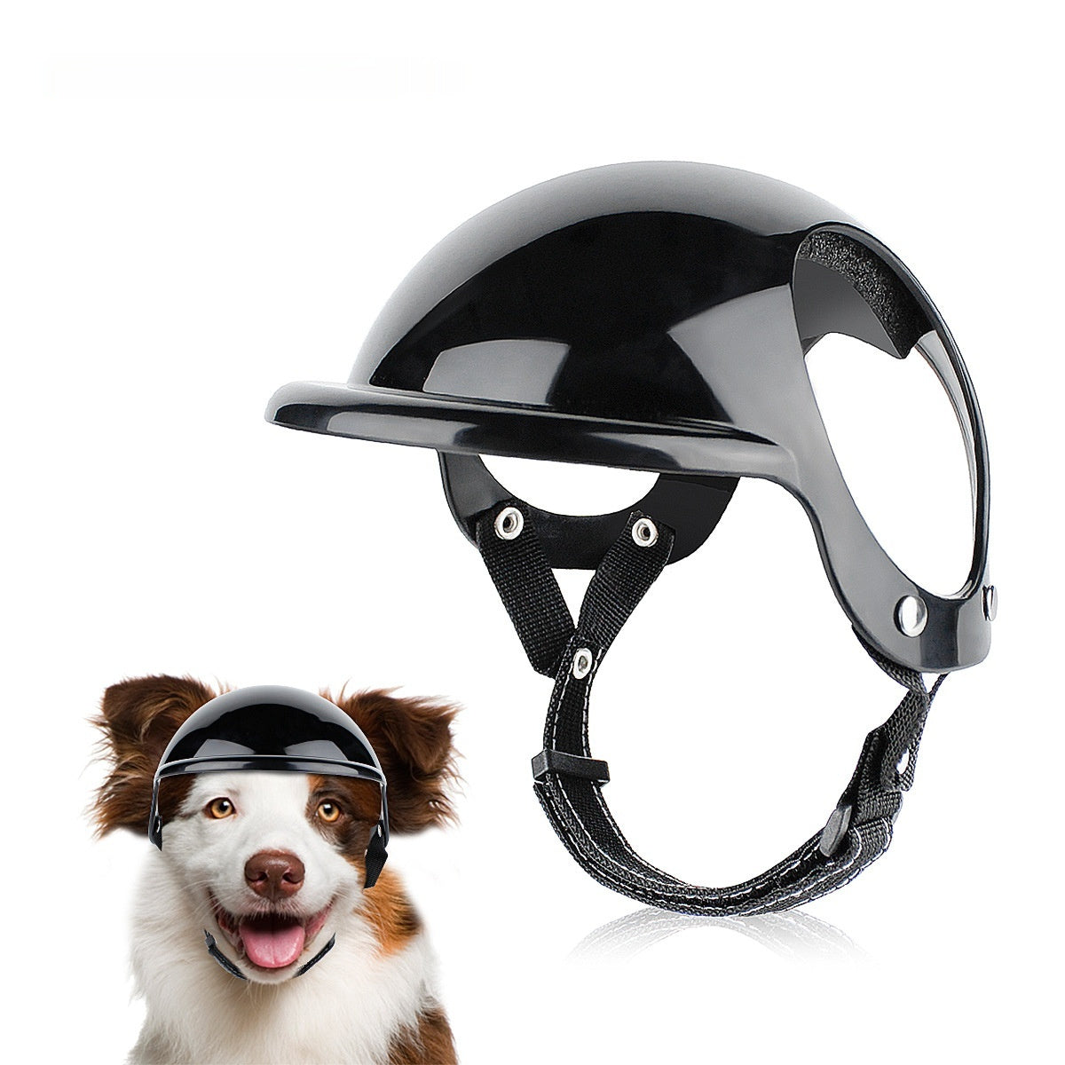 Black pet motorcycle safety helmet with clear face visor and chin strap, worn on dog