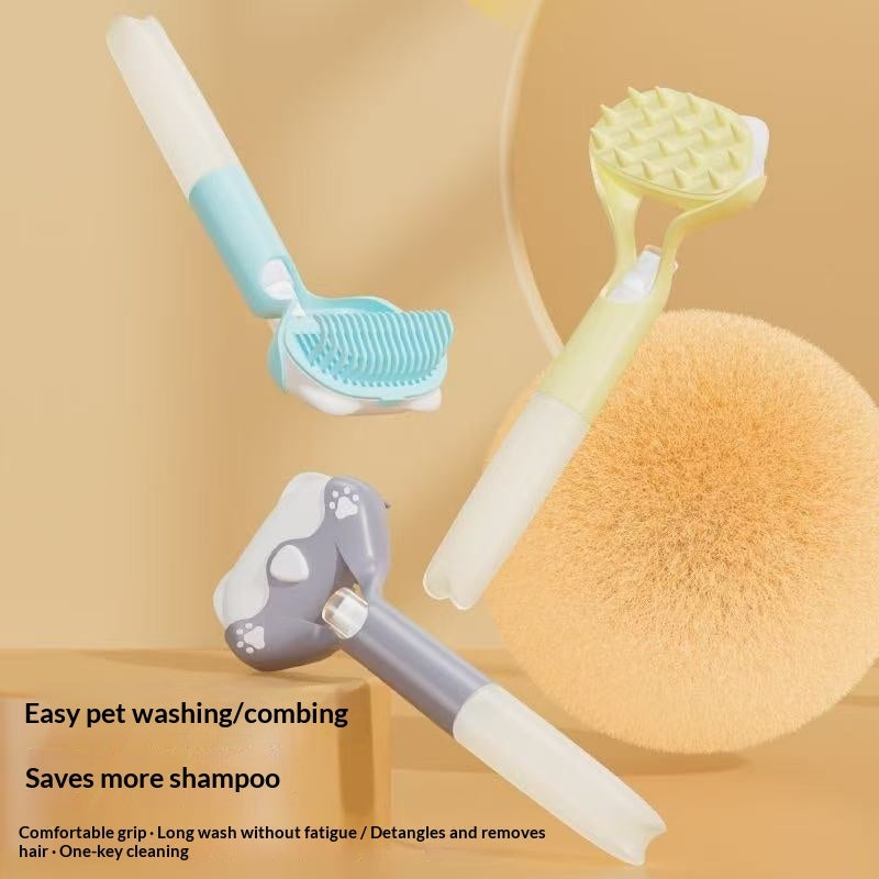 3-in-1 pet grooming tool: blue and yellow brush heads with long handle