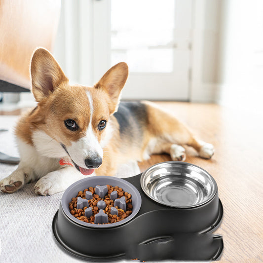 Black slow-feeding pet bowl: double stainless dishes with removable maze insert