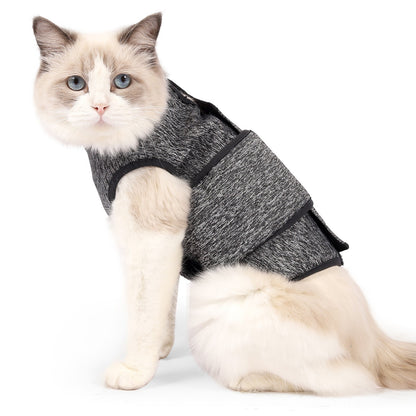 Dark gray cat calming vest with black-trimmed shoulder openings