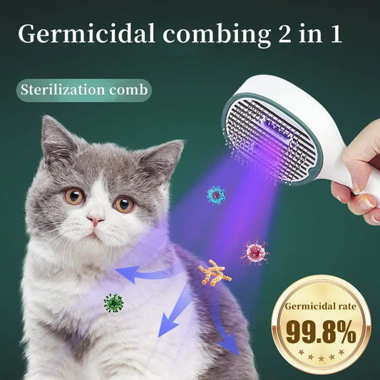 Pet hair remover brush with UVC comb head, self-cleaning bristle teeth