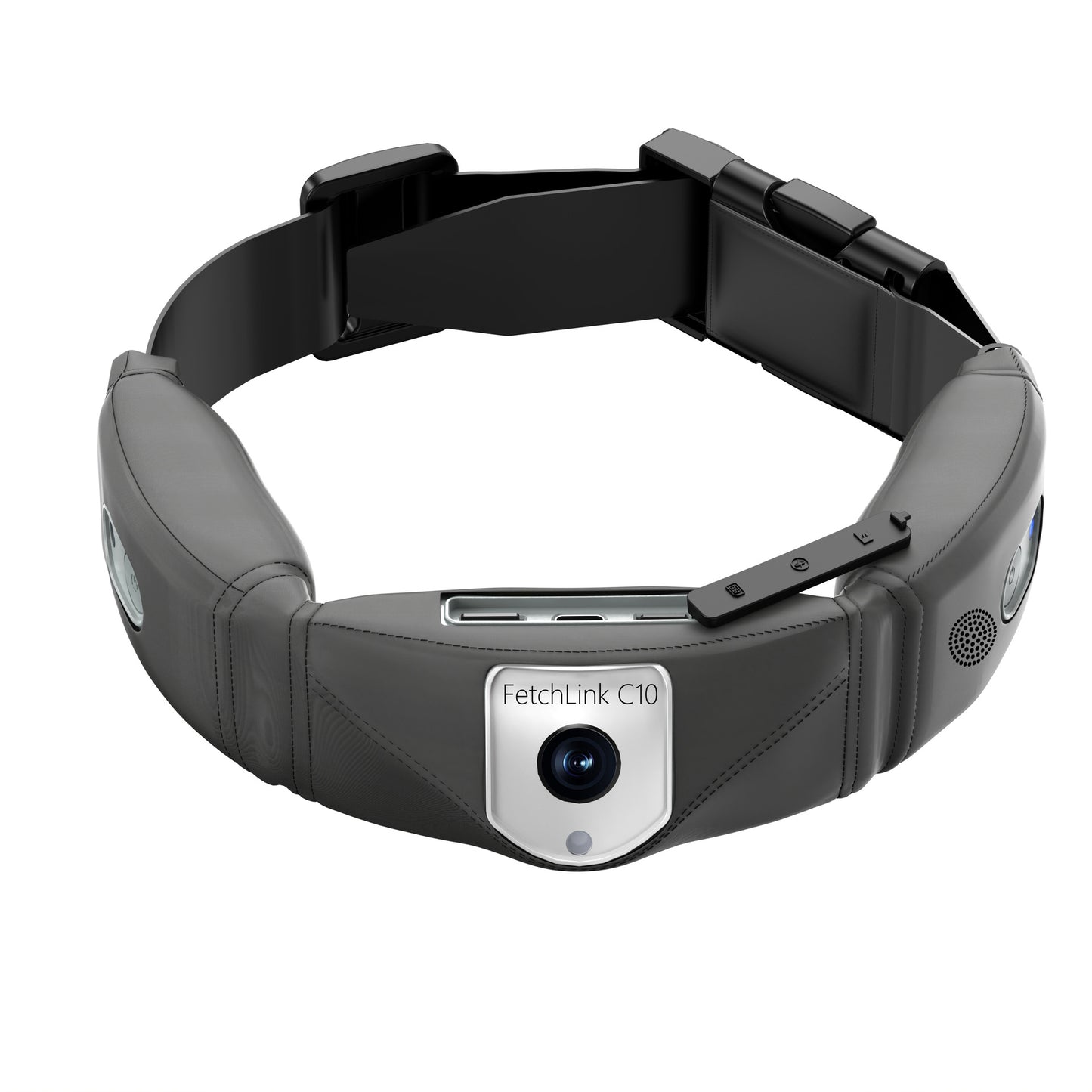 Gray smart pet collar front view: camera module, speaker grille, and charging port