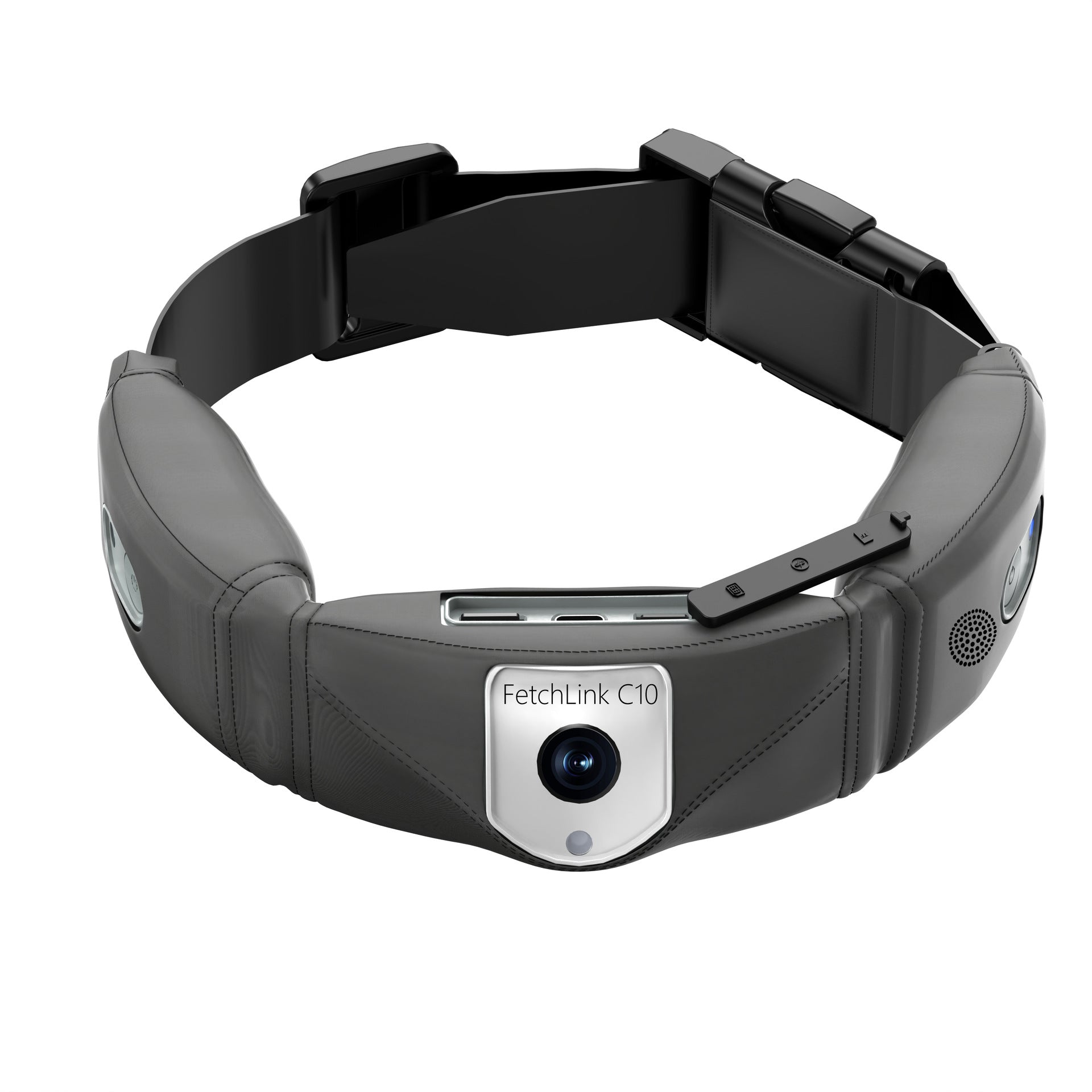Gray smart pet collar front view: camera module, speaker grille, and charging port