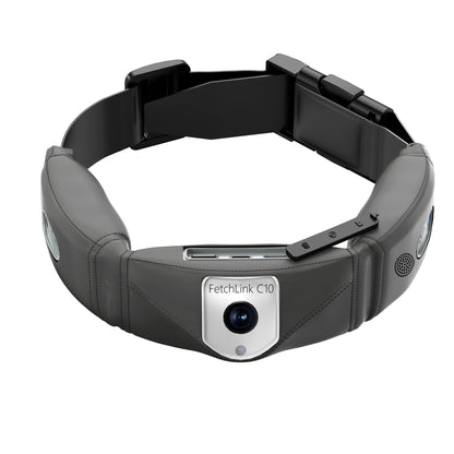 Gray smart pet collar front view: camera module, speaker grille, and charging port