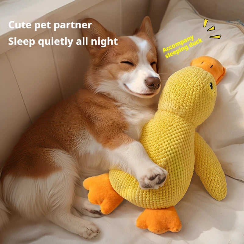 Calming duck squeaky chew toy for dogs, yellow plush duck with orange beak