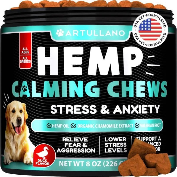 Hemp Calming Chews tub for dogs with duck flavor, hemp oil, stress & anxiety label