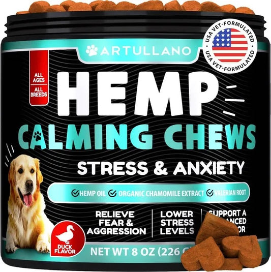 Hemp Calming Chews tub for dogs with duck flavor, hemp oil, stress & anxiety label