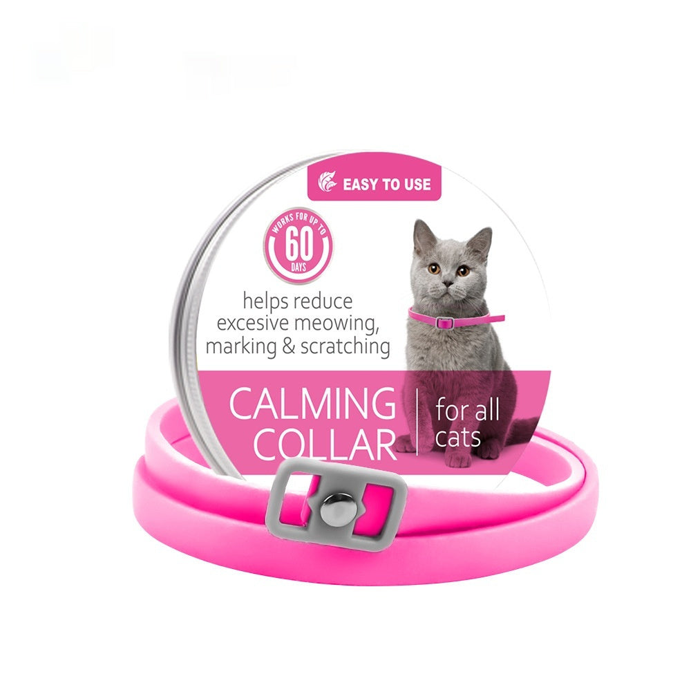 Calming collar with buckle, pink strap—helps reduce excessive meowing/scratching