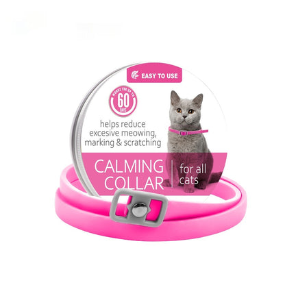 Calming collar with buckle, pink strap—helps reduce excessive meowing/scratching