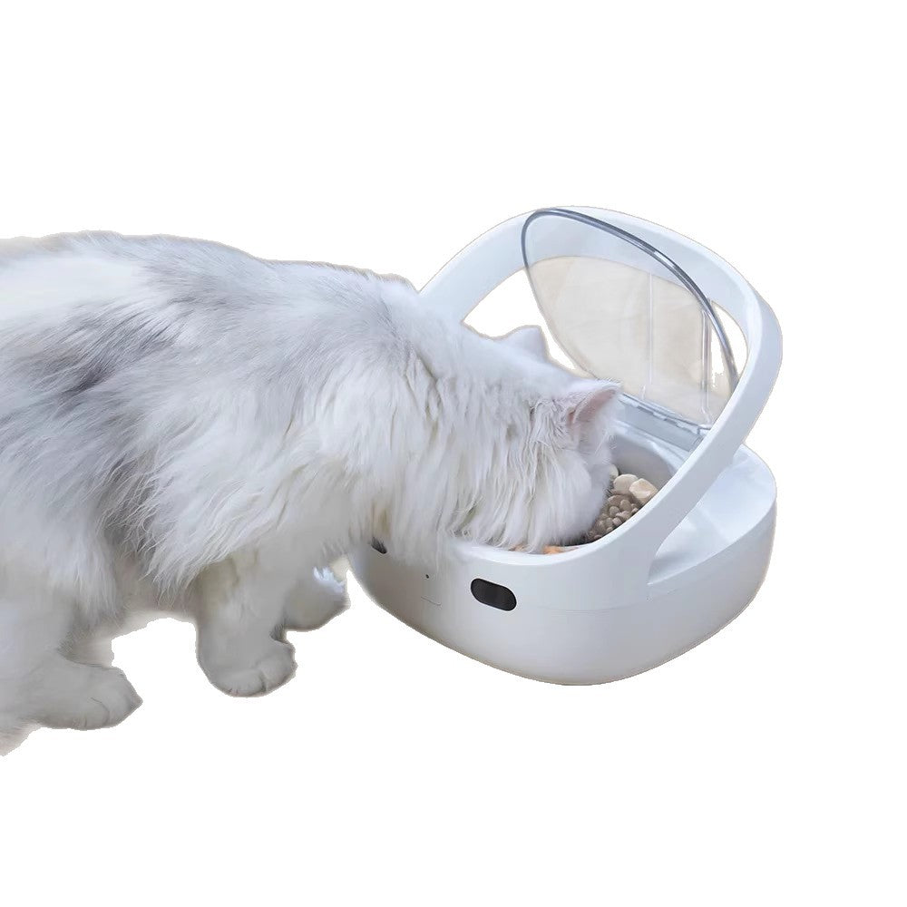 White smart pet feeder with transparent guard as a pet eats kibble