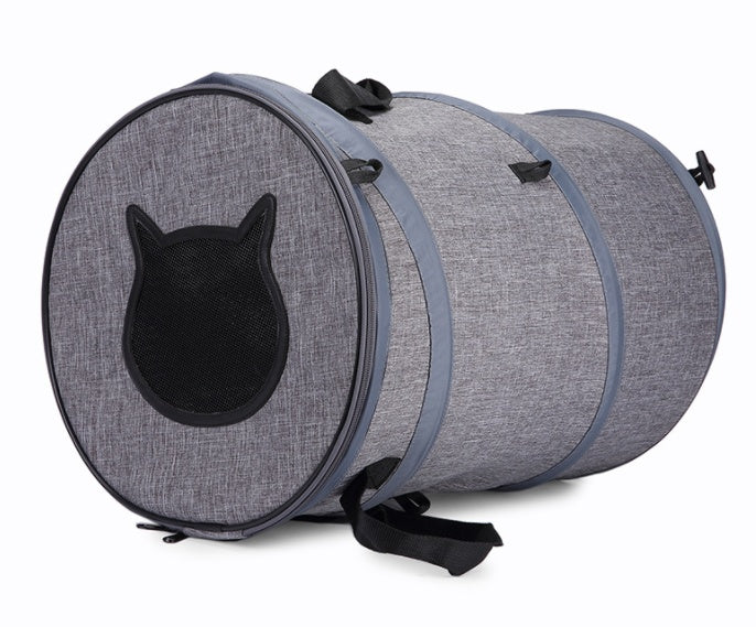 Grey foldable pet backpack-style carrier with large front mesh opening
