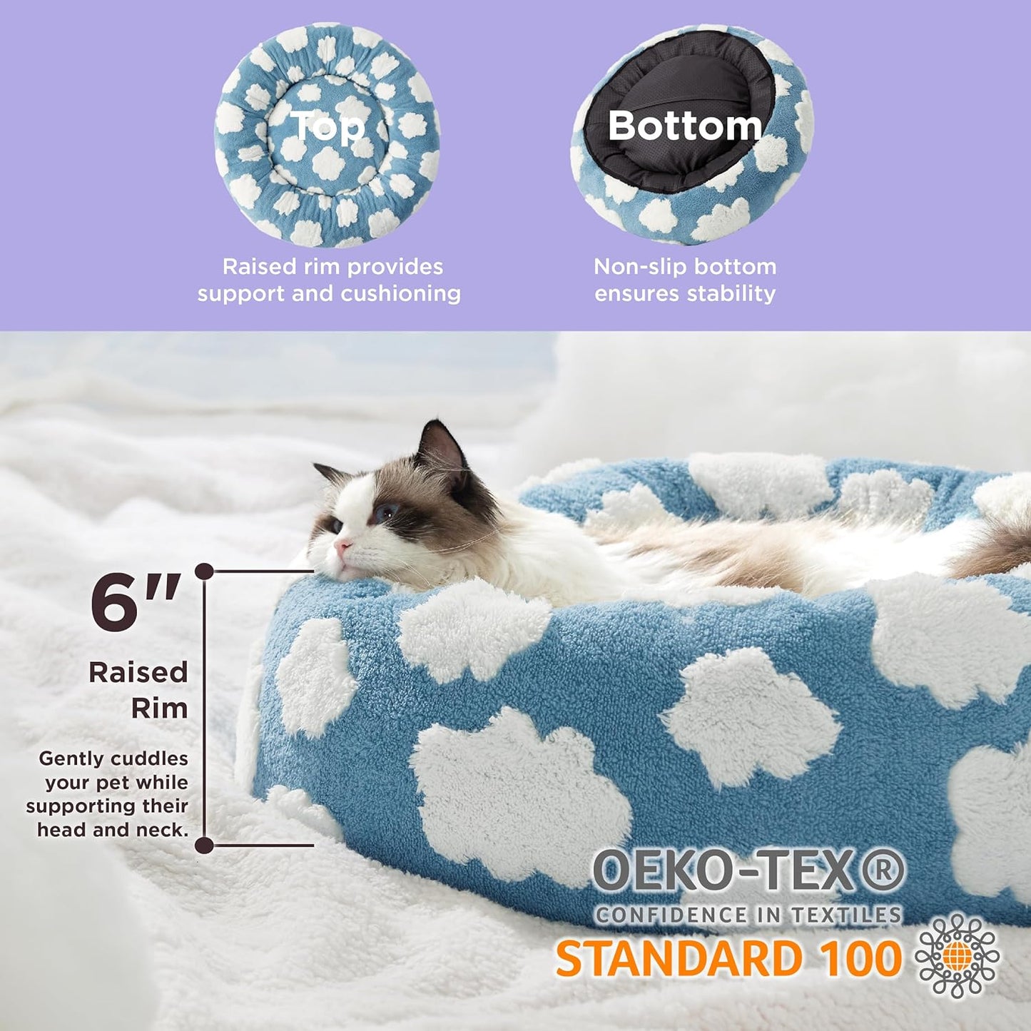 Blue raised-rim donut bed with white cloud print and anti-slip base