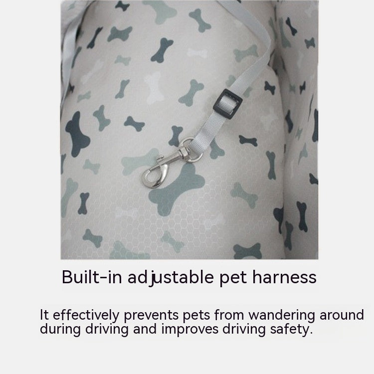 Car pet bed built-in adjustable pet harness on bone-pattern fabric