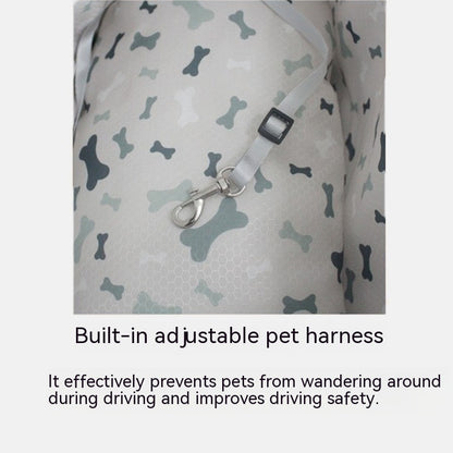 Car pet bed built-in adjustable pet harness on bone-pattern fabric