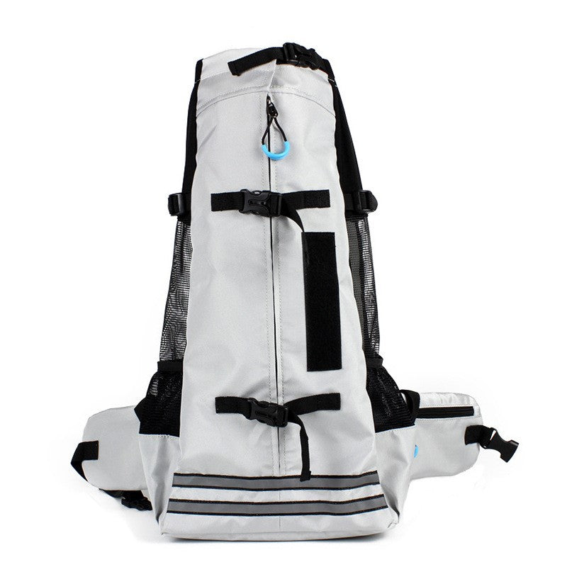 Pet Backpack Breathable Carrier Bag, white front view with black straps and mesh