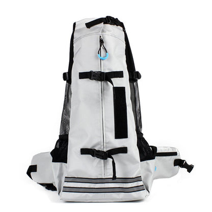 Pet Backpack Breathable Carrier Bag, white front view with black straps and mesh