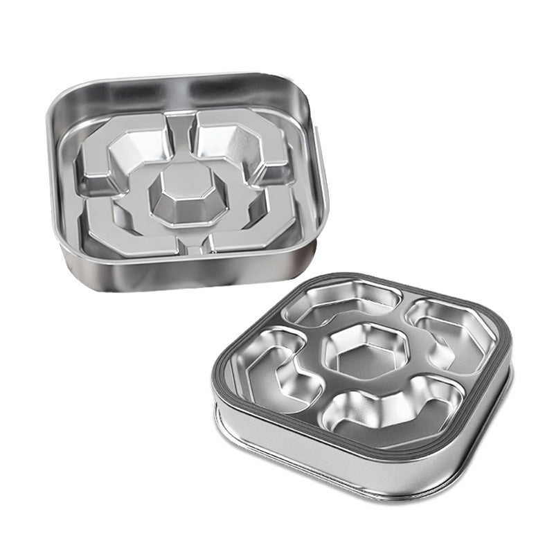 Quadratische Edelstahl-Slow-Feeder-Schüssel, Front- und Rückseite mit Fächern