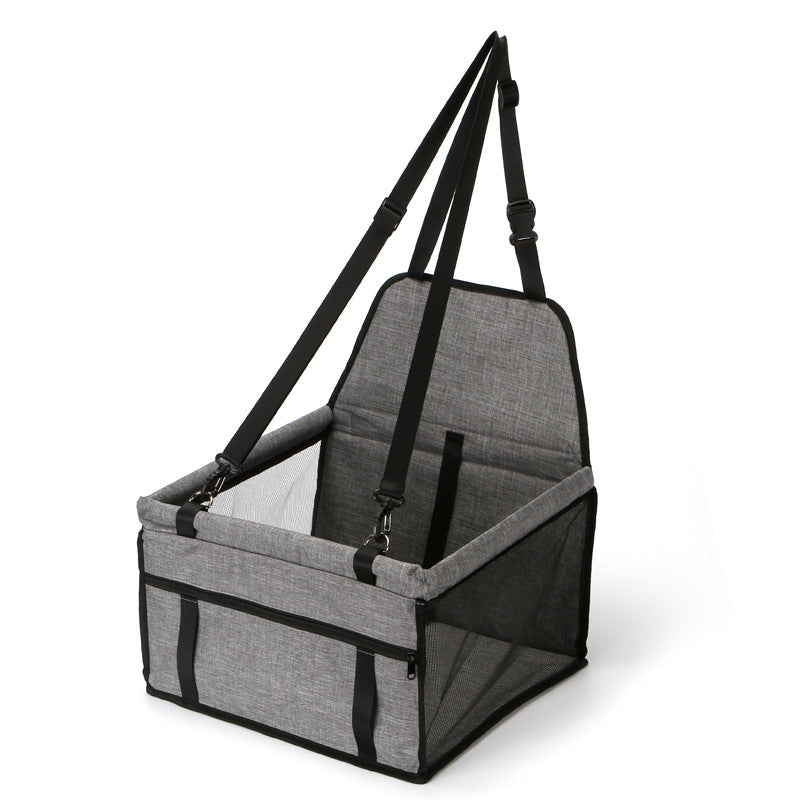 Light grey foldable pet safety seat car bag with side mesh and shoulder straps