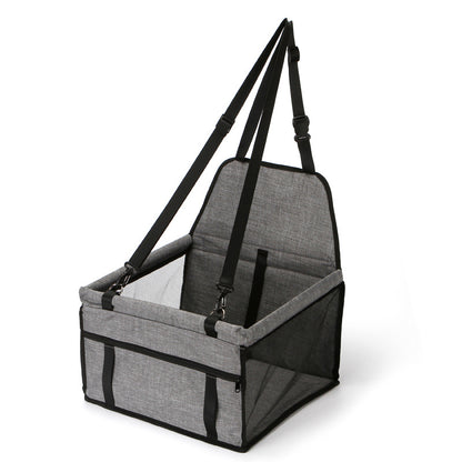 Light grey foldable pet safety seat car bag with side mesh and shoulder straps