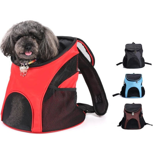 Red breathable puppy dog carrier backpack with front mesh window, shown with small dog