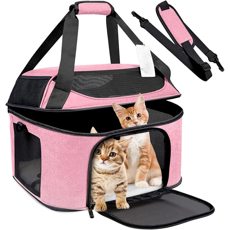 Pink breathable pet backpack carrier with front mesh window, base mat, and carry straps