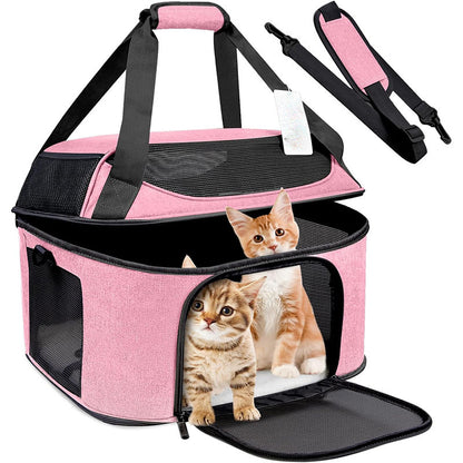 Pink breathable pet backpack carrier with front mesh window, base mat, and carry straps