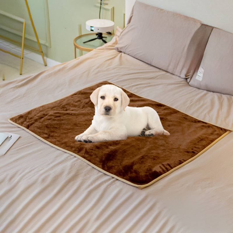 Camel fluffy waterproof pet blanket with beige trim edge, dog on top