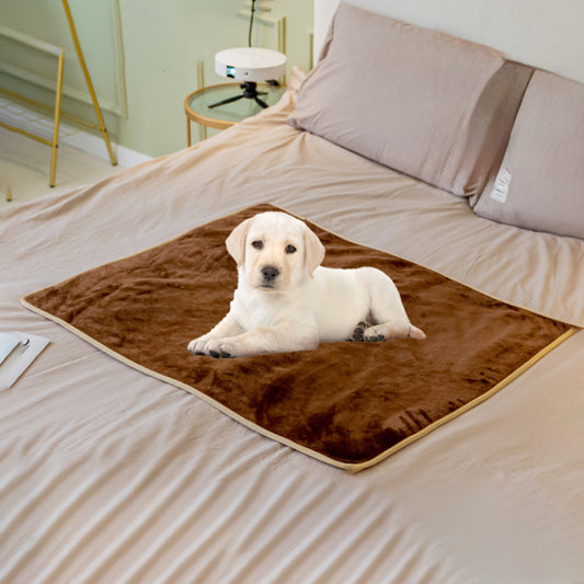 Camel fluffy waterproof pet blanket with beige trim edge, dog on top