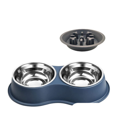Blue slow-feeding pet bowl: two stainless steel bowls with maze insert