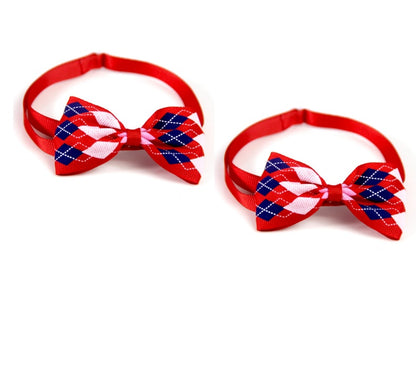 Plaid bow pet scarf accessory set with red strap and red-blue plaid check bow
