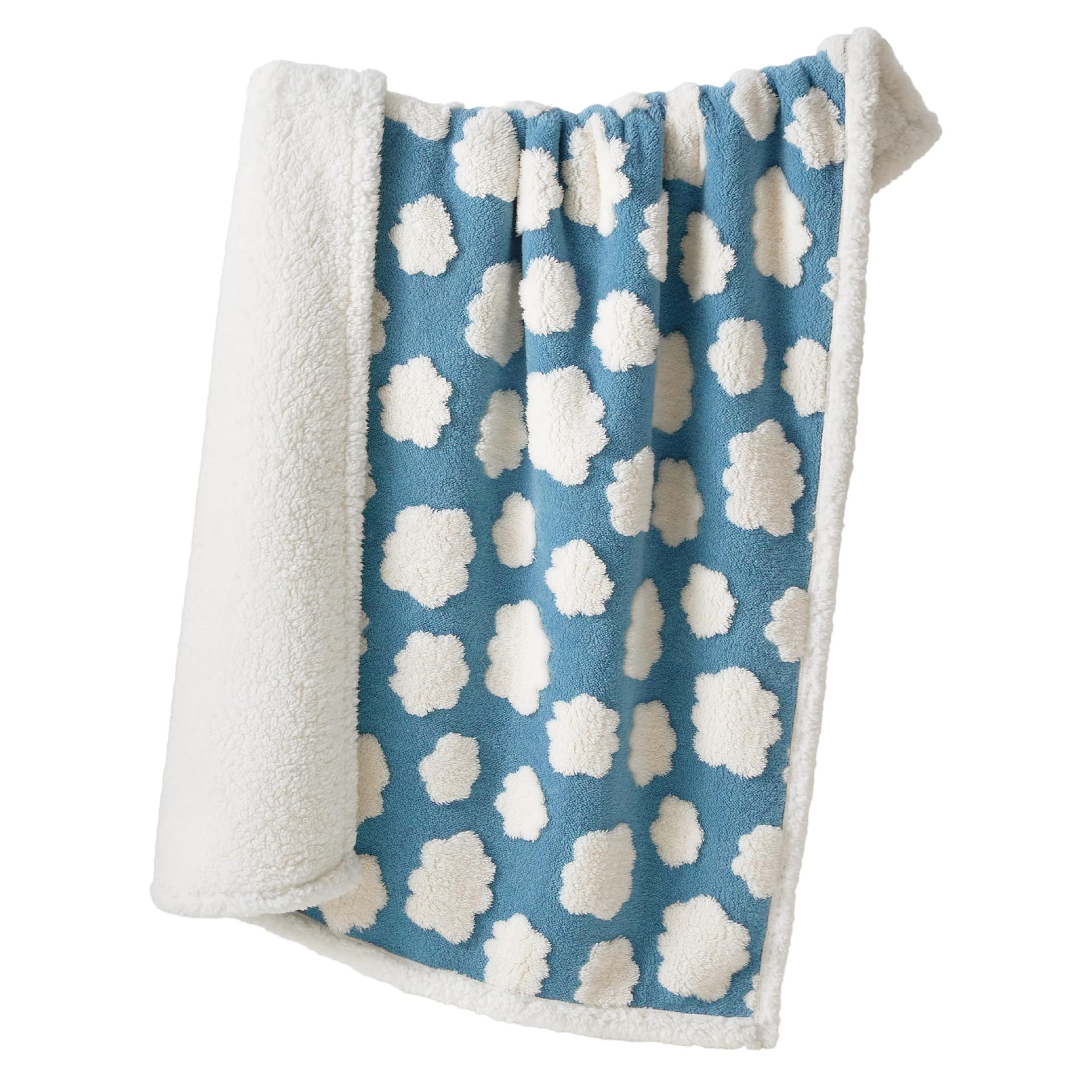 Pet waterproof blanket with blue clover pattern and fluffy white border