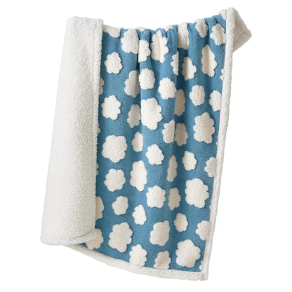 Pet waterproof blanket with blue clover pattern and fluffy white border