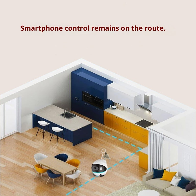 Smart pet WiFi camera, small white/black unit with blue LED ring on the floor