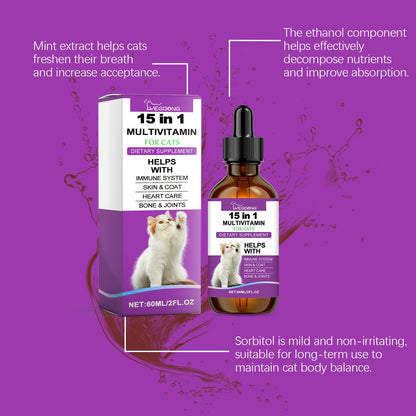 Pet Cat multivitamin 60ml: box and dropper bottle with mint extract and sorbitol notes