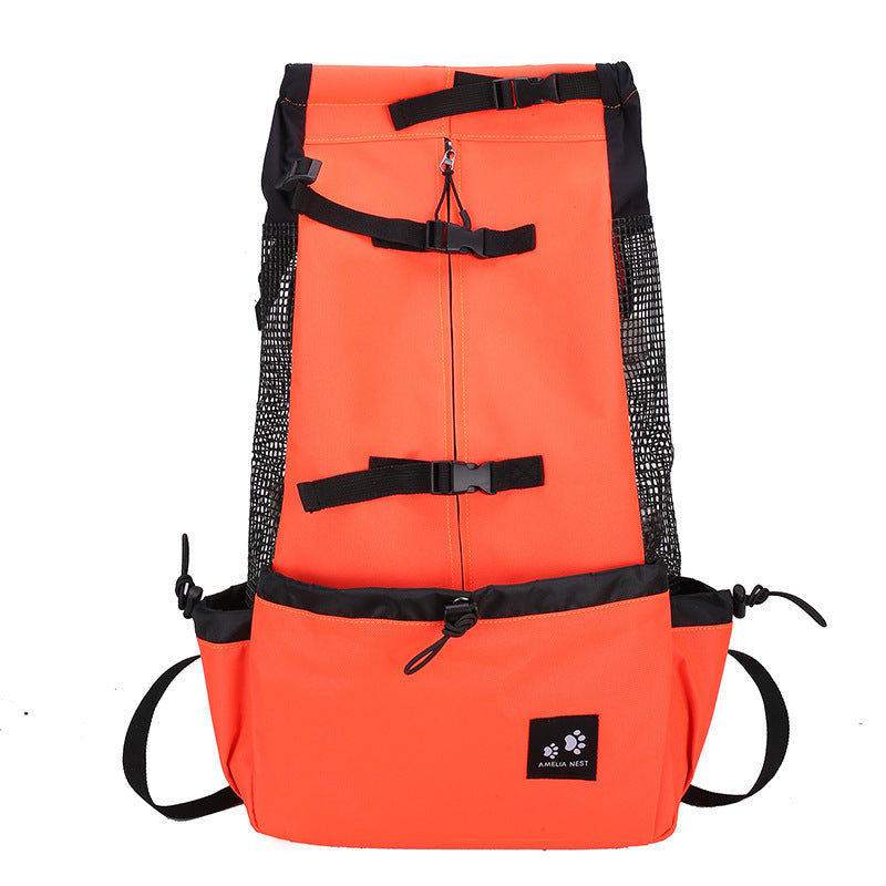 Orange dog backpack carrier with black trim, mesh side panels, and front base pouch